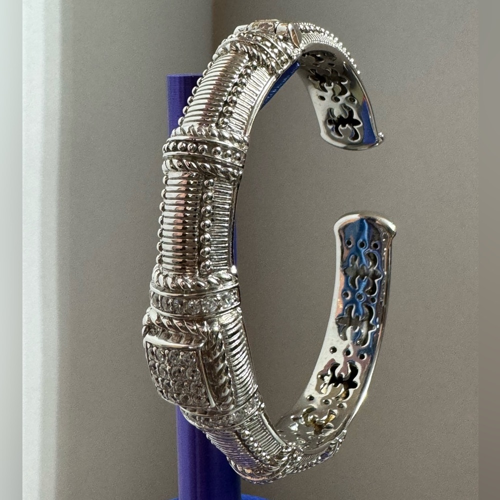 Judith Ripka 925 Sterling Silver Pave CZ Hinged Cuff Bangle Bracelet